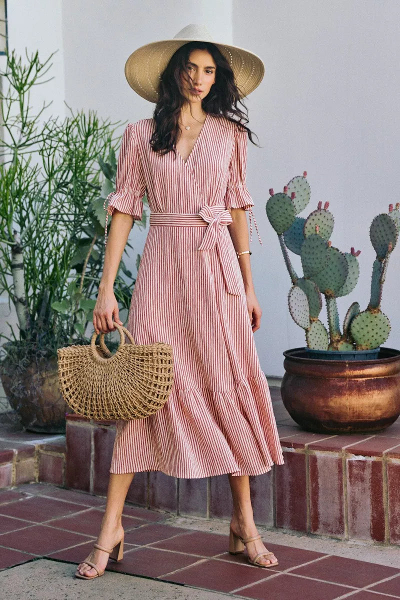 So Me Stripe Textured Short Sleeves Lined Wrap Midi Dres view 7 (dress) - stripe textured dress, stripe - shop at us.meeeshop