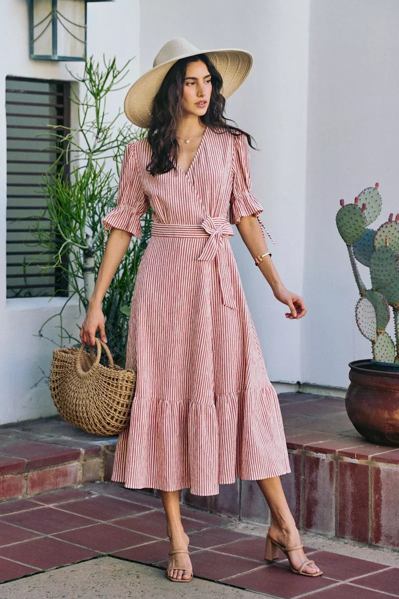 So Me Stripe Textured Short Sleeves Lined Wrap Midi Dres view 8 (dress) - stripe textured dress, stripe - shop at us.meeeshop