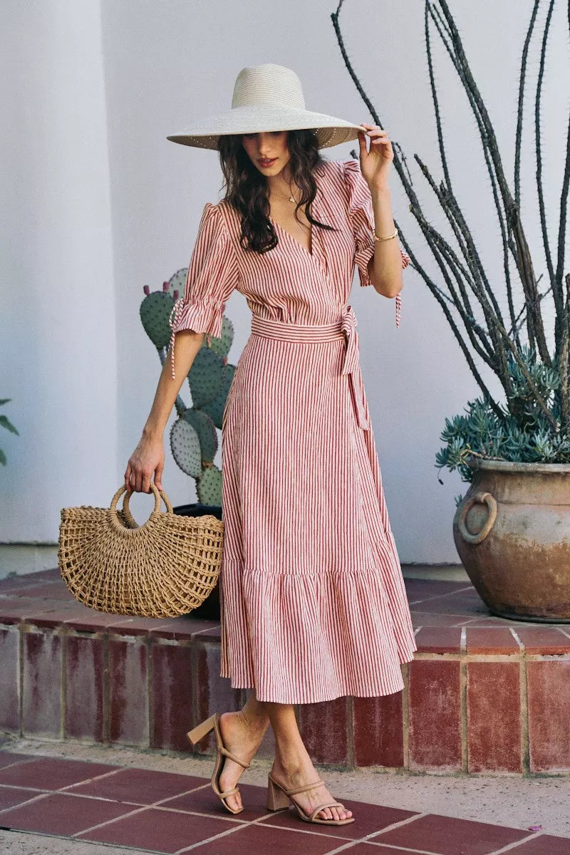 So Me Stripe Textured Short Sleeves Lined Wrap Midi Dres view 9 (dress) - stripe textured dress, stripe - shop at us.meeeshop