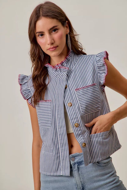 So Me Stripe Twill Stitch Ruffled Hidden Button Vest Top Blue/Red (top) - vest top, button vest top - shop at us.meeeshop