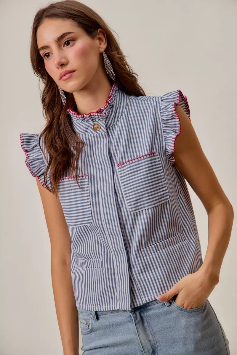 So Me Stripe Twill Stitch Ruffled Hidden Button Vest Top view 10 (top) - vest top, button vest top - shop at us.meeeshop
