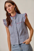 So Me Stripe Twill Stitch Ruffled Hidden Button Vest Top view 10 (top) - vest top, button vest top - shop at us.meeeshop