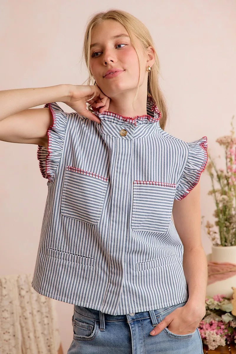 So Me Stripe Twill Stitch Ruffled Hidden Button Vest Top view 11 (top) - vest top, button vest top - shop at us.meeeshop