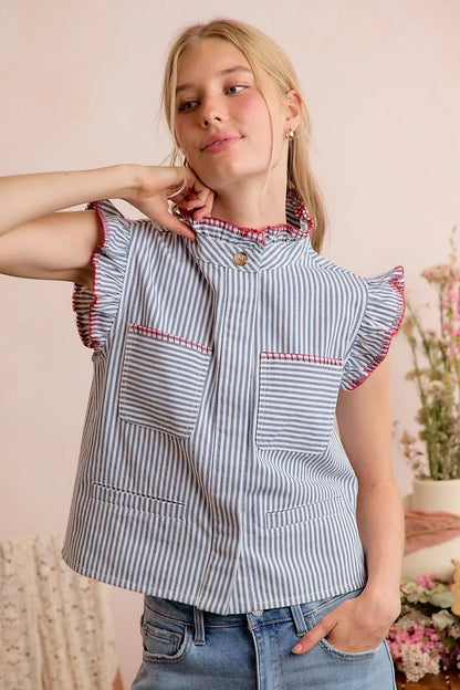 So Me Stripe Twill Stitch Ruffled Hidden Button Vest Top view 11 (top) - vest top, button vest top - shop at us.meeeshop