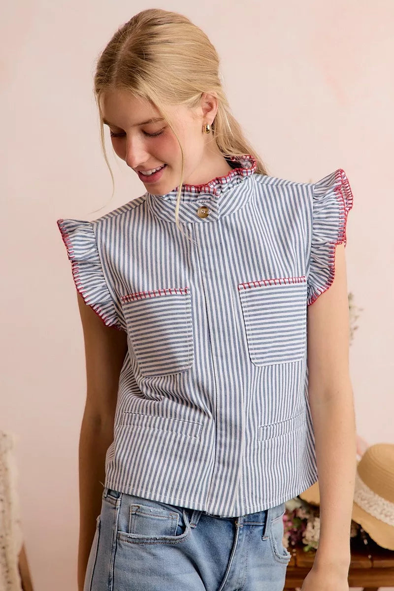 So Me Stripe Twill Stitch Ruffled Hidden Button Vest Top view 12 (top) - vest top, button vest top - shop at us.meeeshop