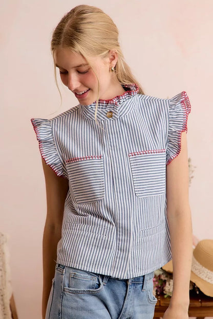 So Me Stripe Twill Stitch Ruffled Hidden Button Vest Top view 12 (top) - vest top, button vest top - shop at us.meeeshop