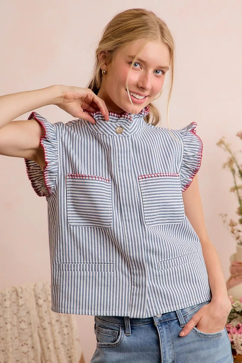 So Me Stripe Twill Stitch Ruffled Hidden Button Vest Top view 13 (top) - vest top, button vest top - shop at us.meeeshop