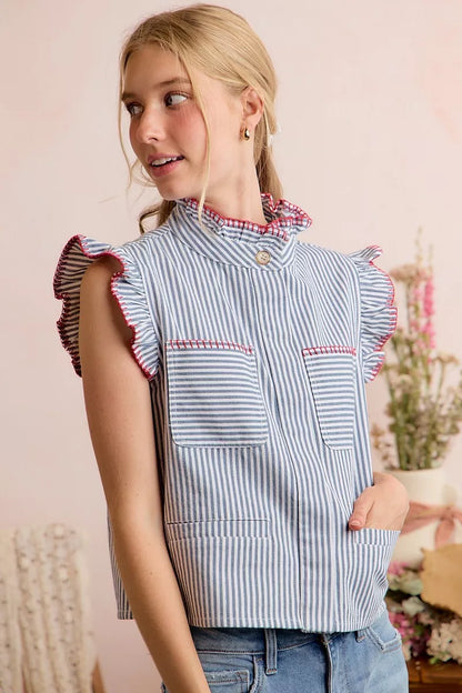 So Me Stripe Twill Stitch Ruffled Hidden Button Vest Top view 14 (top) - vest top, button vest top - shop at us.meeeshop