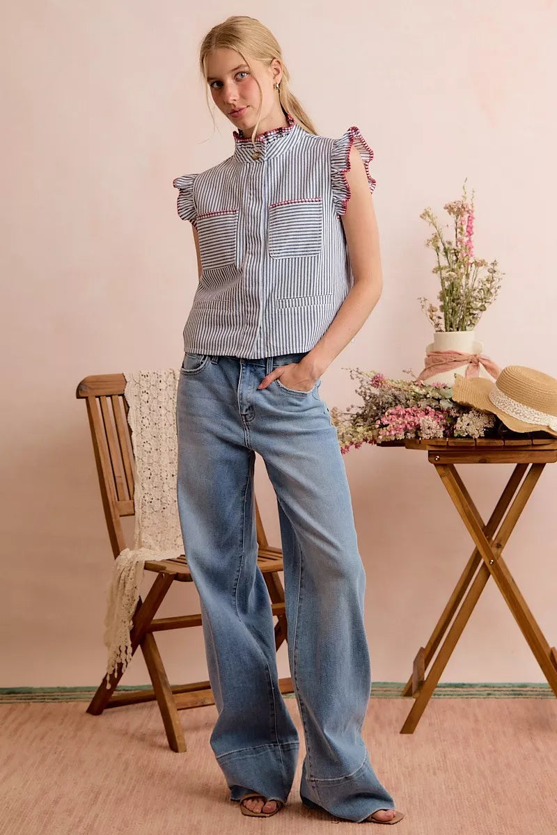 So Me Stripe Twill Stitch Ruffled Hidden Button Vest Top view 15 (top) - vest top, button vest top - shop at us.meeeshop