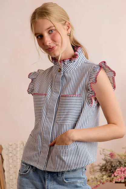 So Me Stripe Twill Stitch Ruffled Hidden Button Vest Top view 17 (top) - vest top, button vest top - shop at us.meeeshop
