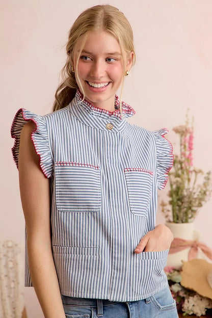 So Me Stripe Twill Stitch Ruffled Hidden Button Vest Top view 18 (top) - vest top, button vest top - shop at us.meeeshop