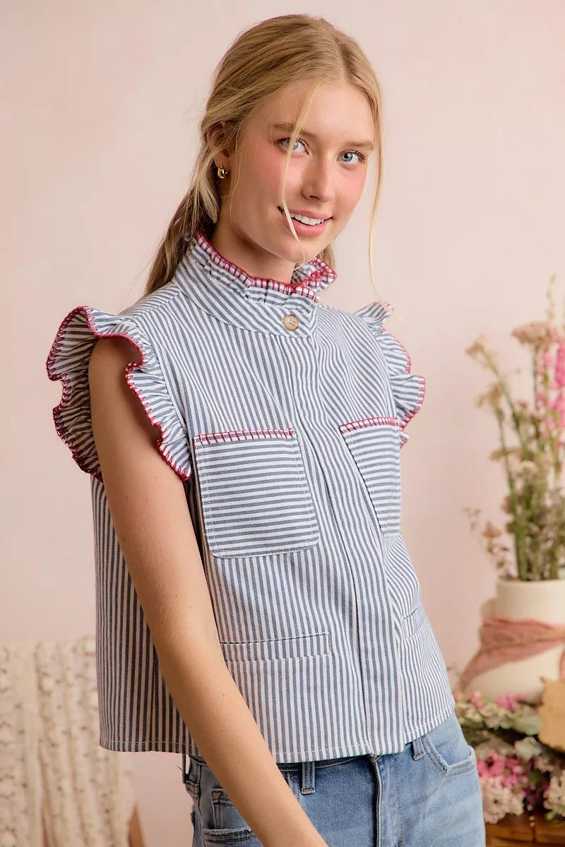 So Me Stripe Twill Stitch Ruffled Hidden Button Vest Top view 19 (top) - vest top, button vest top - shop at us.meeeshop