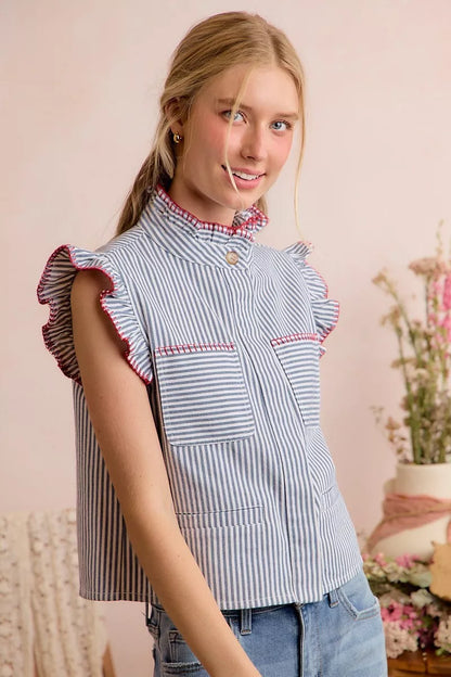 So Me Stripe Twill Stitch Ruffled Hidden Button Vest Top view 19 (top) - vest top, button vest top - shop at us.meeeshop