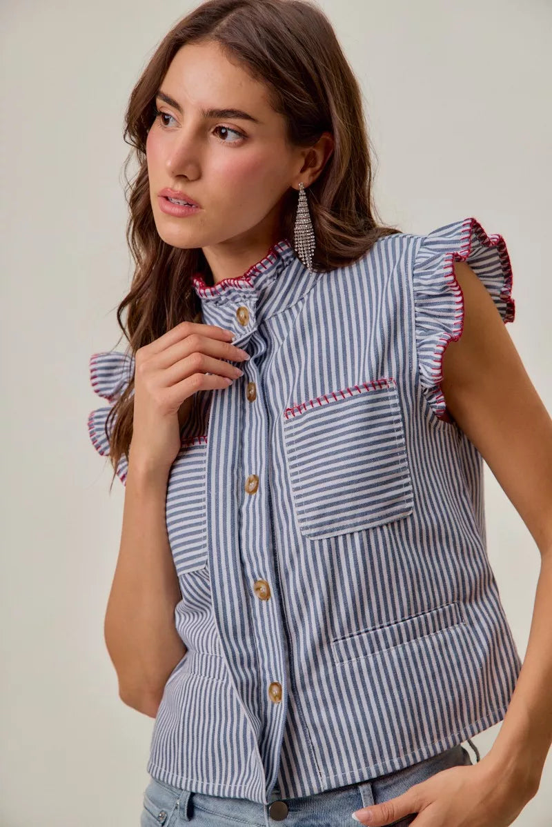 So Me Stripe Twill Stitch Ruffled Hidden Button Vest Top Blue/Red view 2 (top) - vest top, button vest  - shop at us.meeeshop