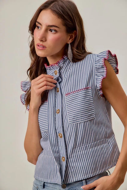 So Me Stripe Twill Stitch Ruffled Hidden Button Vest Top Blue/Red view 2 (top) - vest top, button vest  - shop at us.meeeshop