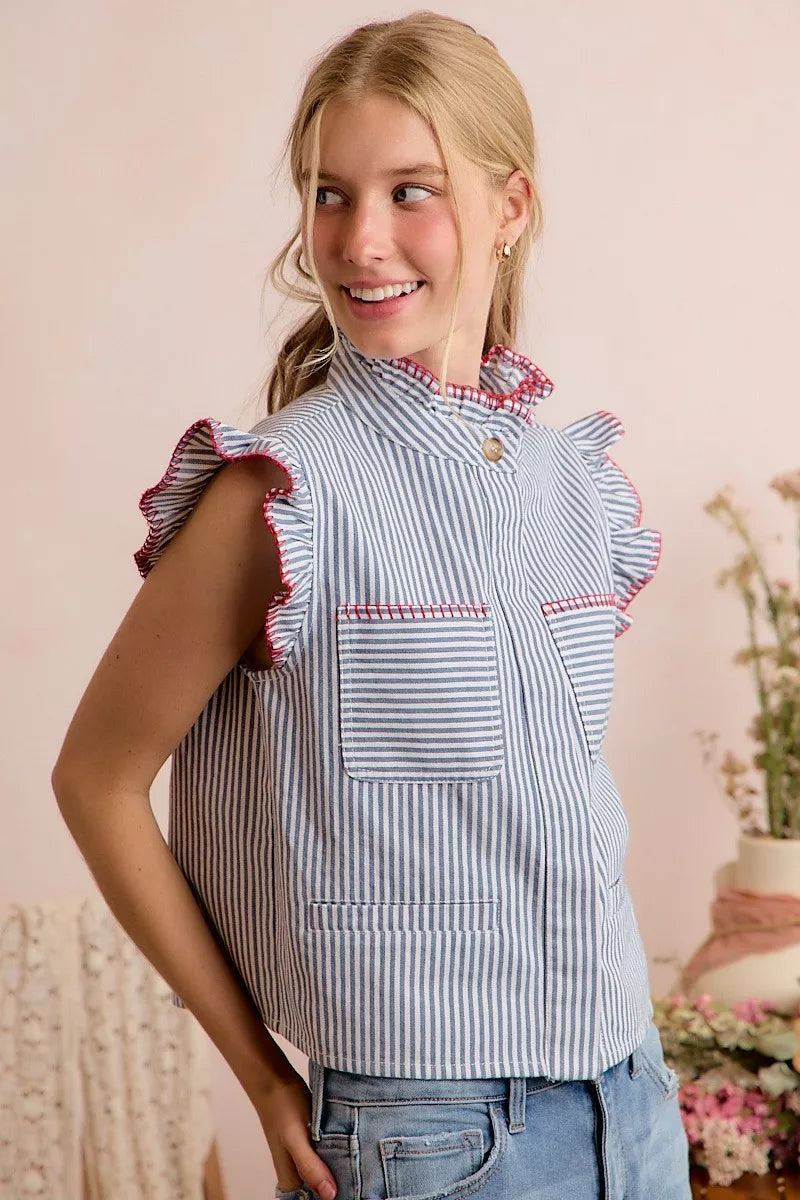 So Me Stripe Twill Stitch Ruffled Hidden Button Vest Top view 20 (top) - vest top, button vest top - shop at us.meeeshop