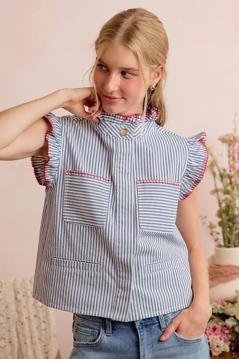 So Me Stripe Twill Stitch Ruffled Hidden Button Vest Top view 21 (top) - vest top, button vest top - shop at us.meeeshop