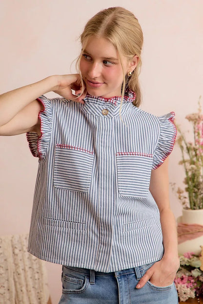 So Me Stripe Twill Stitch Ruffled Hidden Button Vest Top view 21 (top) - vest top, button vest top - shop at us.meeeshop