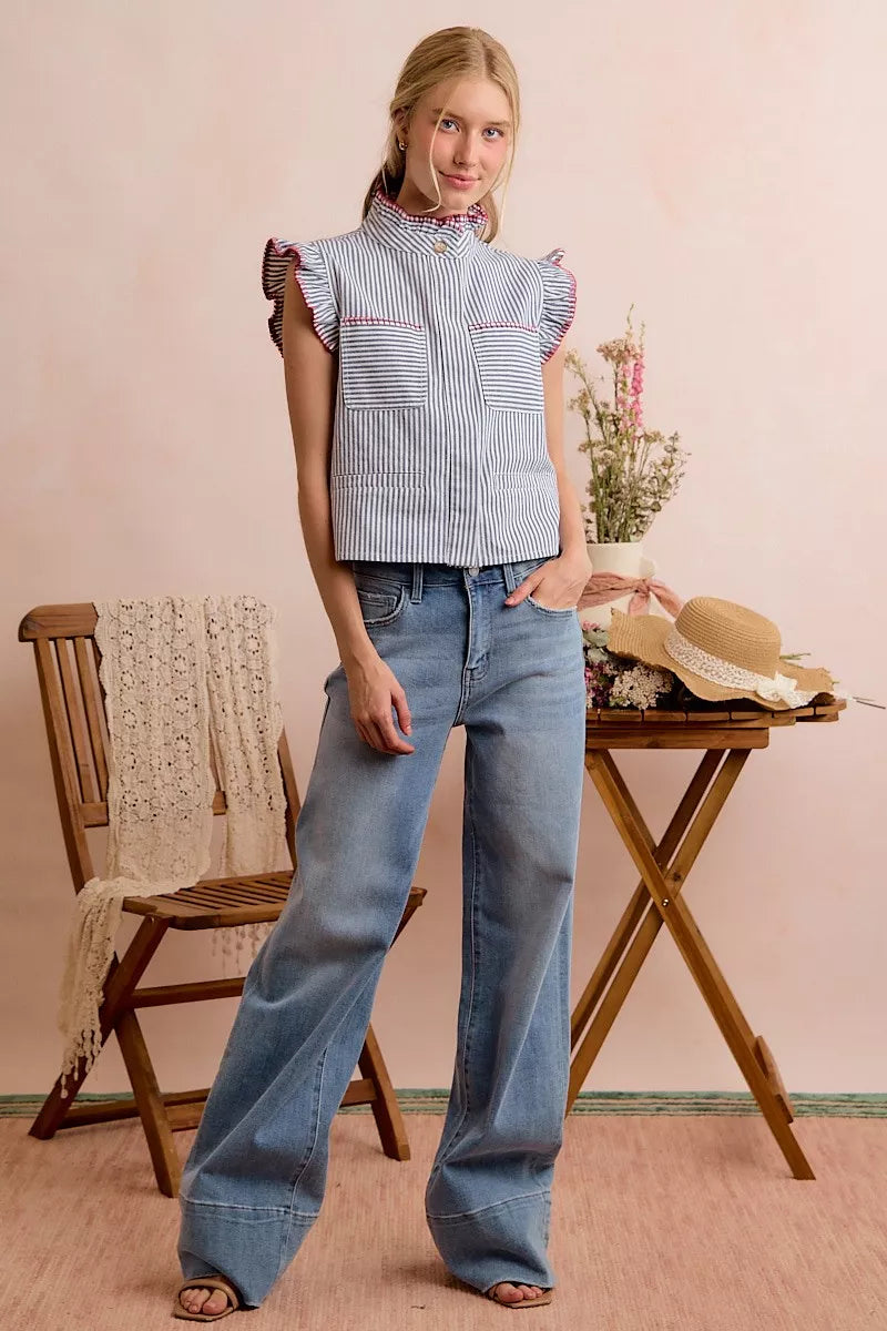 So Me Stripe Twill Stitch Ruffled Hidden Button Vest Top view 22 (top) - vest top, button vest top - shop at us.meeeshop