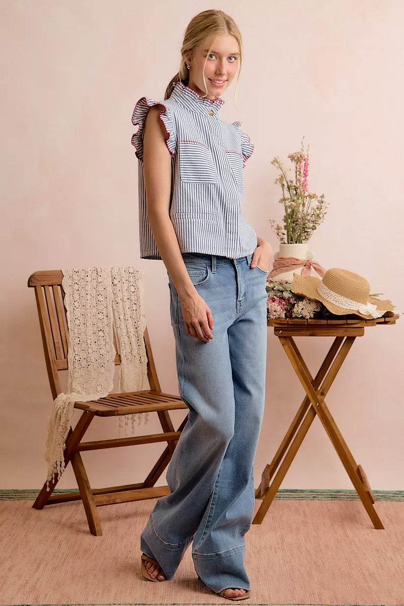 So Me Stripe Twill Stitch Ruffled Hidden Button Vest Top view 23 (top) - vest top, button vest top - shop at us.meeeshop