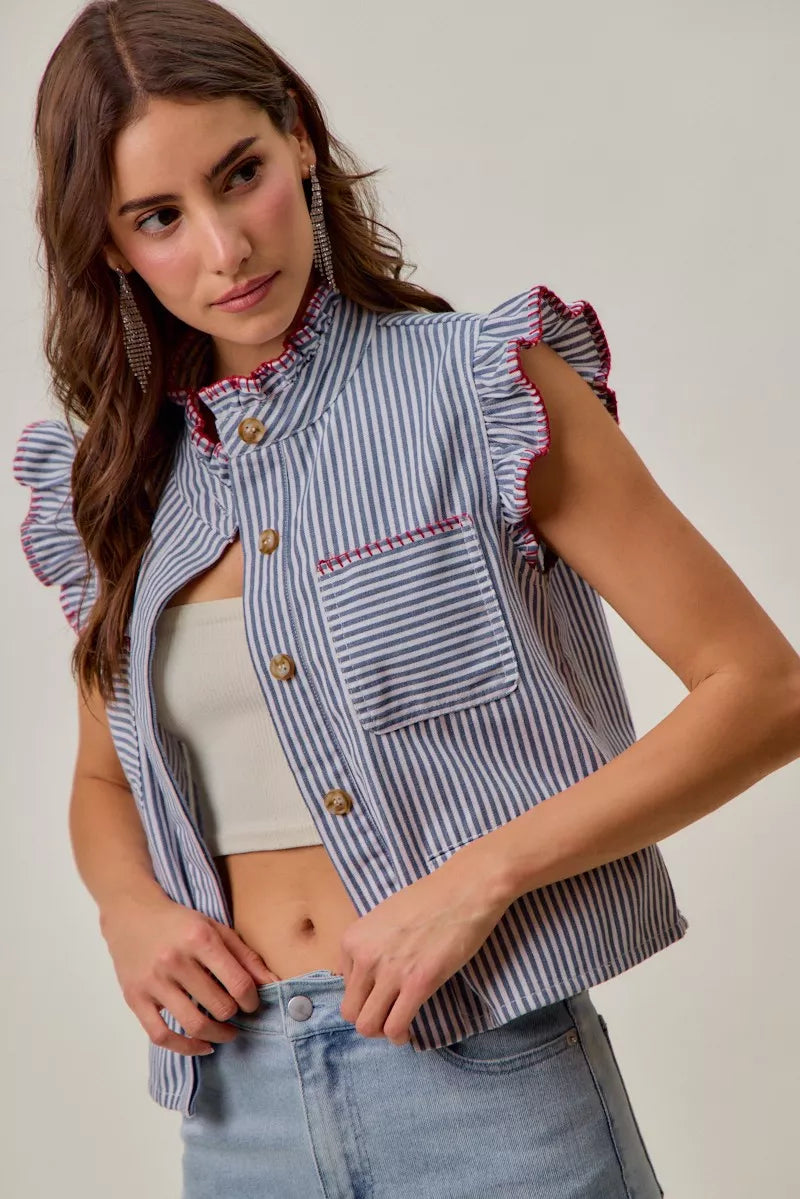 So Me Stripe Twill Stitch Ruffled Hidden Button Vest Top Blue/Red view 3 (top) - vest top, button vest  - shop at us.meeeshop