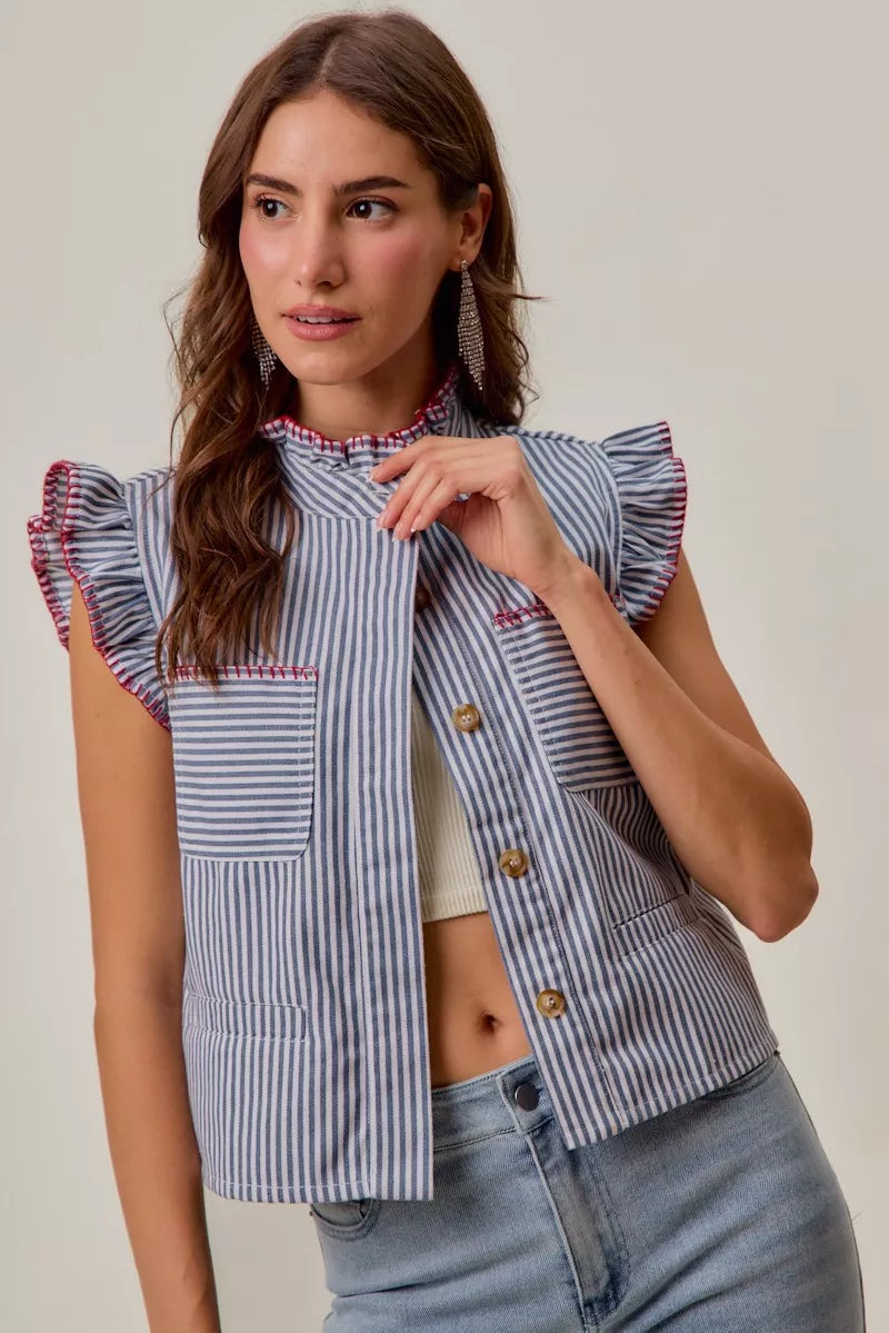 So Me Stripe Twill Stitch Ruffled Hidden Button Vest Top Blue/Red view 4 (top) - vest top, button vest  - shop at us.meeeshop