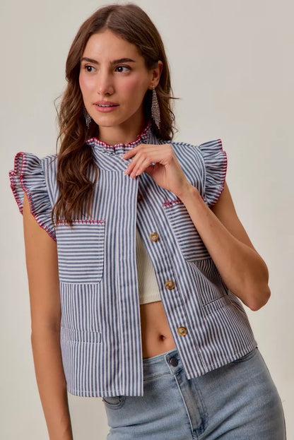 So Me Stripe Twill Stitch Ruffled Hidden Button Vest Top Blue/Red view 4 (top) - vest top, button vest  - shop at us.meeeshop