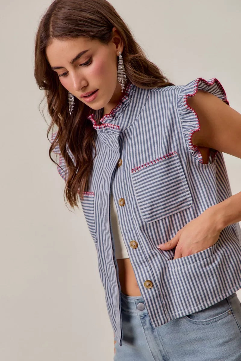 So Me Stripe Twill Stitch Ruffled Hidden Button Vest Top view 5 (top) - vest top, button vest top - shop at us.meeeshop