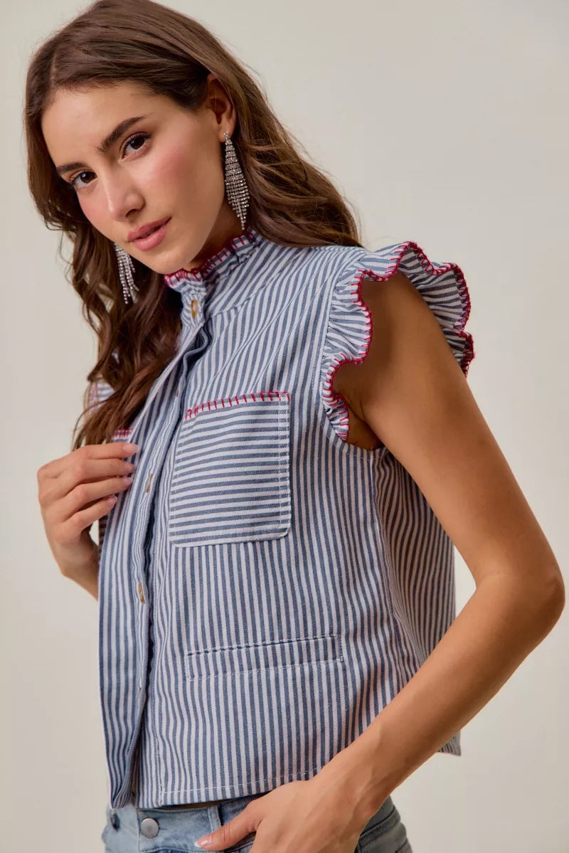 So Me Stripe Twill Stitch Ruffled Hidden Button Vest Top view 6 (top) - vest top, button vest top - shop at us.meeeshop