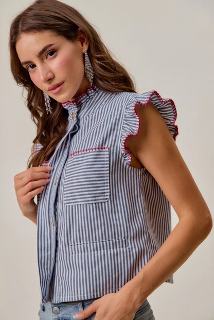 So Me Stripe Twill Stitch Ruffled Hidden Button Vest Top view 6 (top) - vest top, button vest top - shop at us.meeeshop