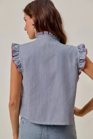 So Me Stripe Twill Stitch Ruffled Hidden Button Vest Top view 7 (top) - vest top, button vest top - shop at us.meeeshop