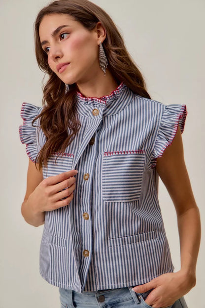 So Me Stripe Twill Stitch Ruffled Hidden Button Vest Top view 8 (top) - vest top, button vest top - shop at us.meeeshop