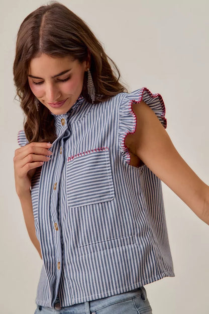 So Me Stripe Twill Stitch Ruffled Hidden Button Vest Top view 9 (top) - vest top, button vest top - shop at us.meeeshop