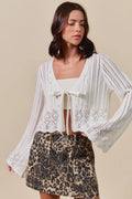 So Me Textured Sweater Open Front Ribbon Tie Cardigan Off White (top) - open texture sweater, textured  - shop at us.meeeshop