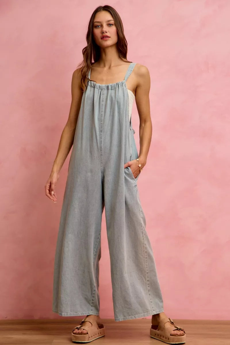 So Me Wide Leg Lightweight Denim Overalls LIGHT DENIM view 2 (one-piece) - wide leg overalls women, wid - shop at us.meeeshop