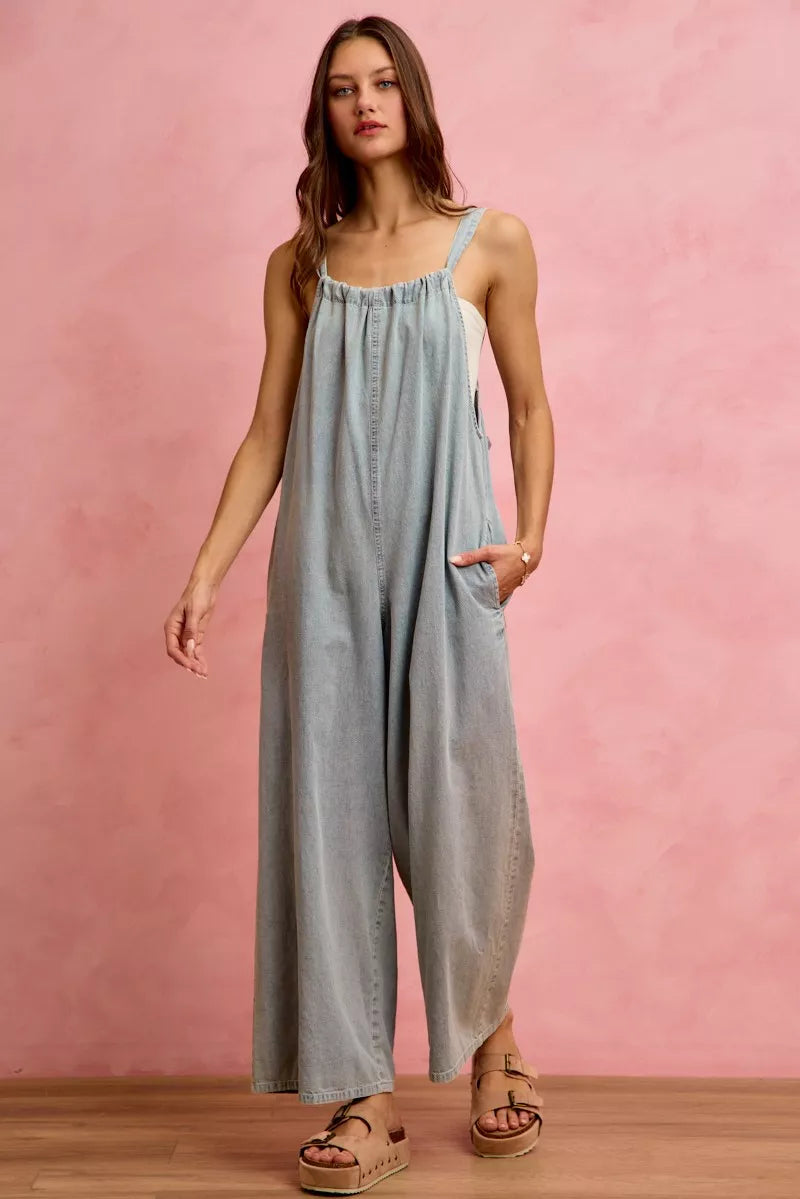 So Me Wide Leg Lightweight Denim Overalls LIGHT DENIM view 3 (one-piece) - wide leg overalls women, wid - shop at us.meeeshop