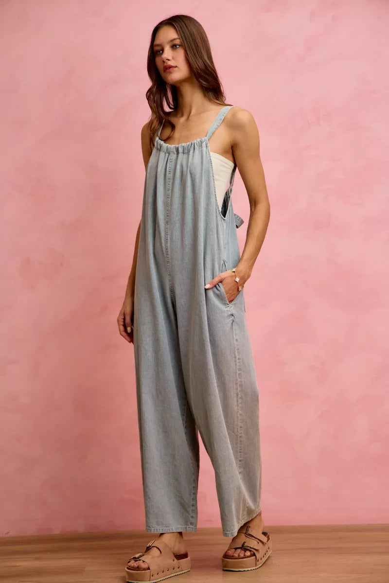 So Me Wide Leg Lightweight Denim Overalls view 4 (one-piece) - wide leg overalls women, wide leg overal - shop at us.meeeshop