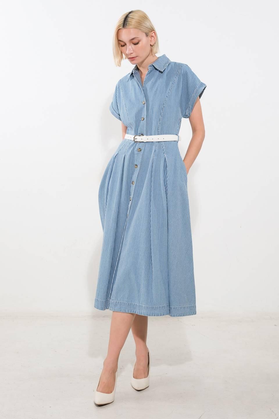 Soak in the Sun Denim Midi Dress in BLUE/WHITE - Sun Soaked Dress