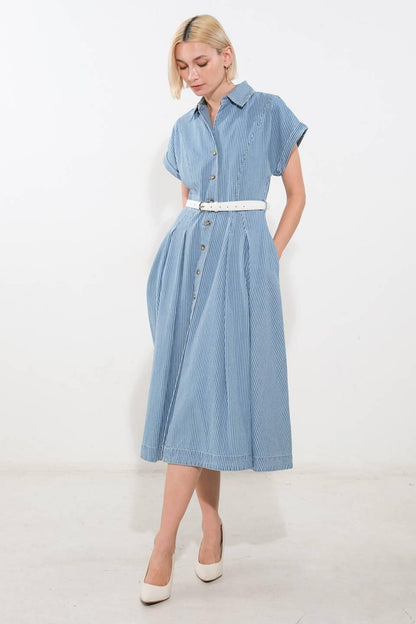 Soak in the Sun Denim Midi Dress in BLUE/WHITE - Sun Soaked Dress
