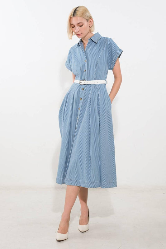 Soak in the Sun Denim Midi Dress in BLUE/WHITE - Sun Soaked Dress