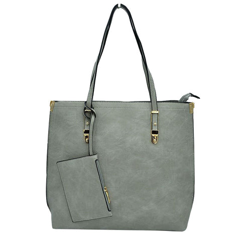 Soft Faux Leather Tote Handbag with Wallet in Grey view 2