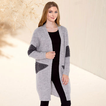 Soft Knit Furry Decoration Long Cardigan Top in Gray view 2 - Fall Wardrobe Essential - Soft Knit Cardigan Womens
