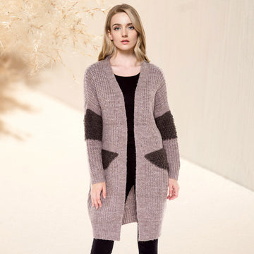 Soft Knit Furry Decoration Long Cardigan Top in Khaki - Fall Wardrobe Essential - Soft Knit Cardigan Womens