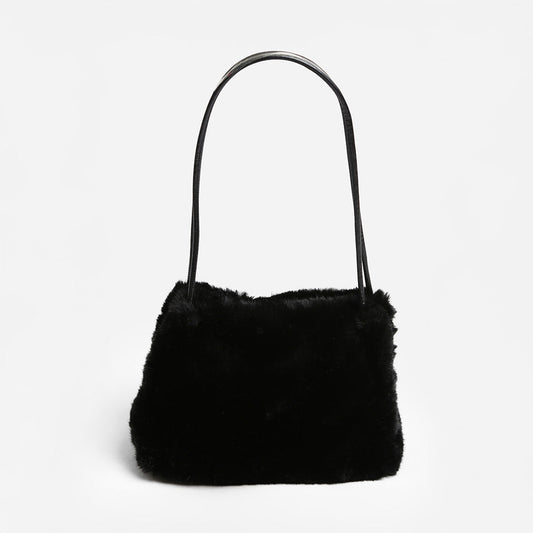 Solid Faux Fur Mini Handbag Shoulder Bag in Black - Bag Handbag