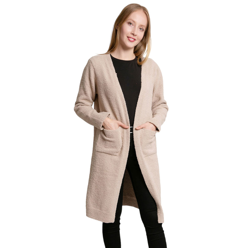 Solid Front Pockets Long Cardigan Top in Beige