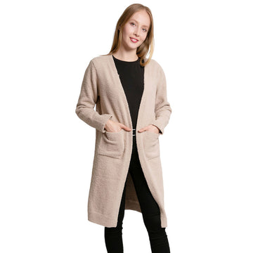 Solid Front Pockets Long Cardigan Top in Beige