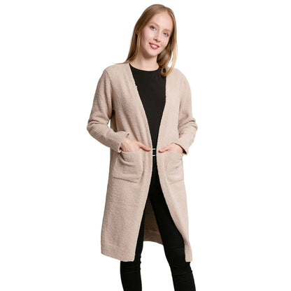 Solid Front Pockets Long Cardigan Top in Beige
