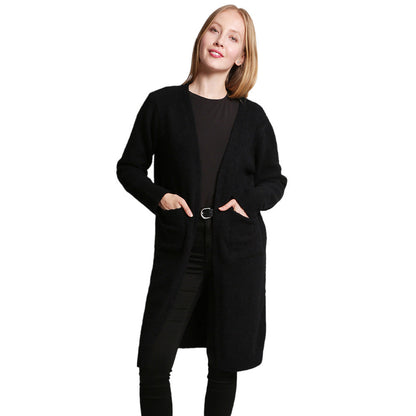 Solid Front Pockets Long Cardigan Top in Black view 2