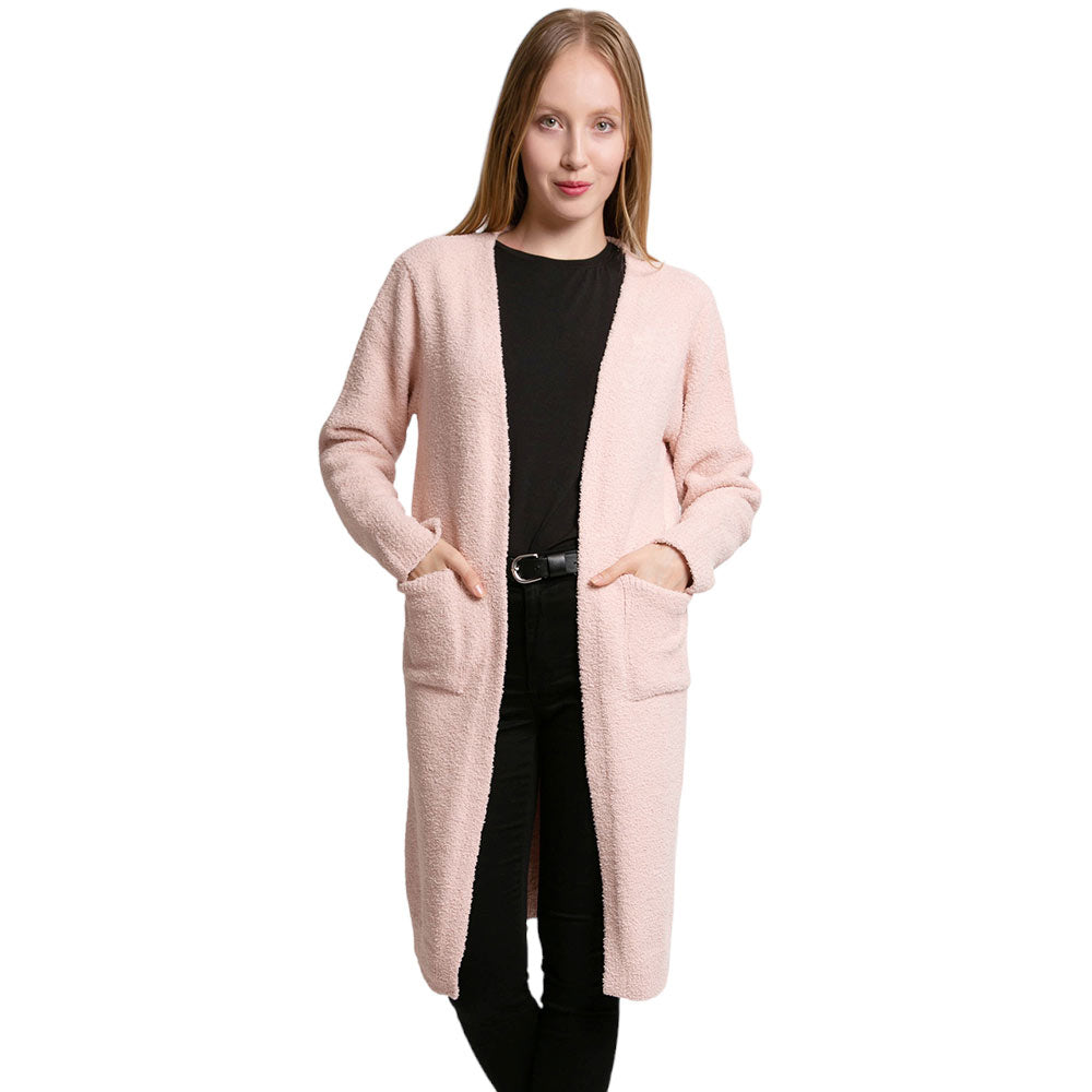 Solid Front Pockets Long Cardigan Top in Dust Pink view 3