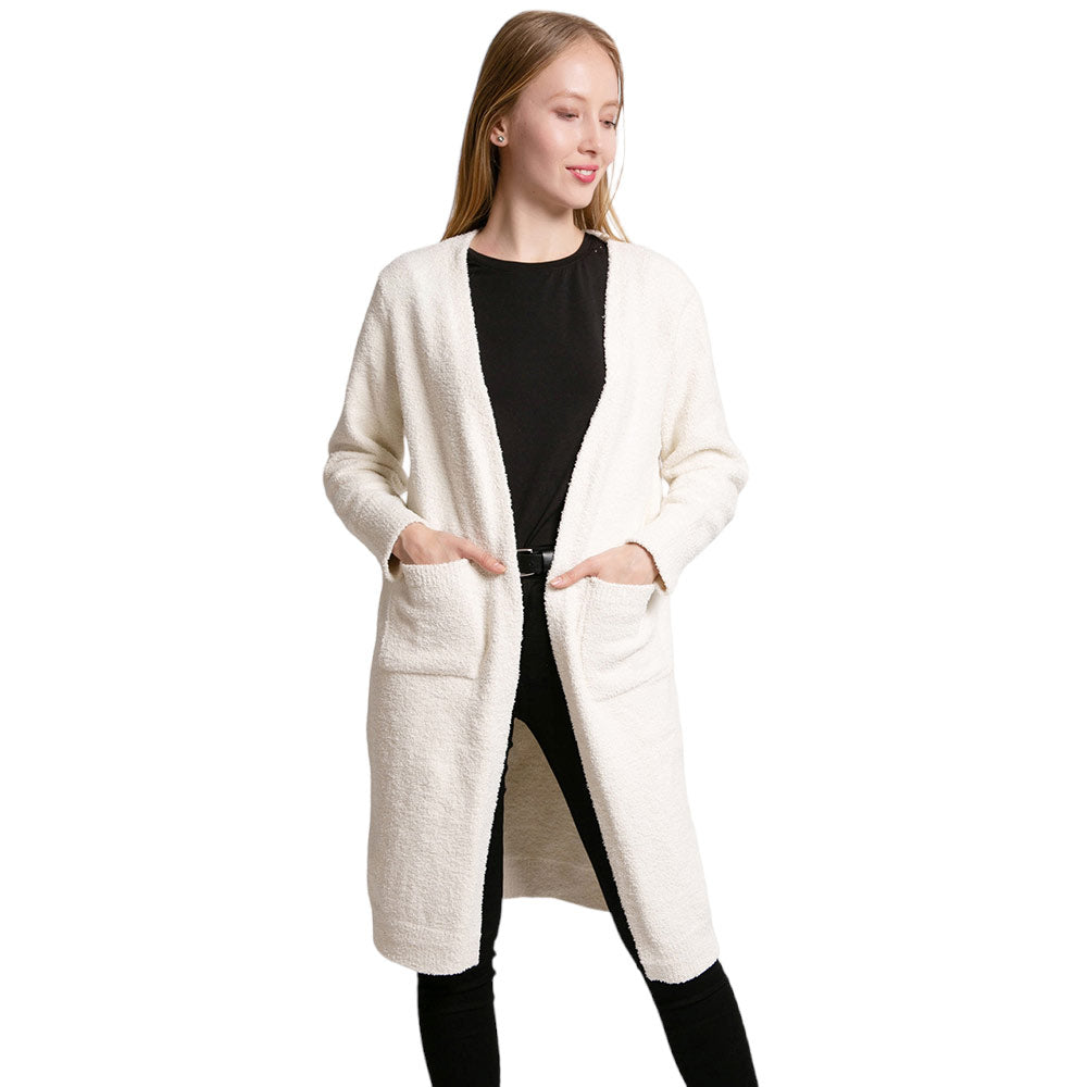 Solid Front Pockets Long Cardigan Top in Olive Green view 5